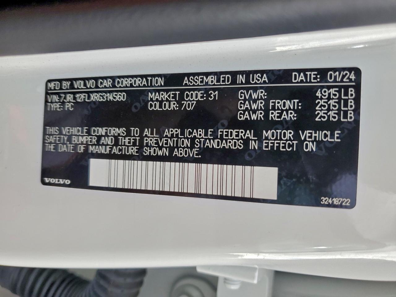 2024 Volvo S60 Plus VIN: 7JRL12FLXRG314560 Lot: 93353245