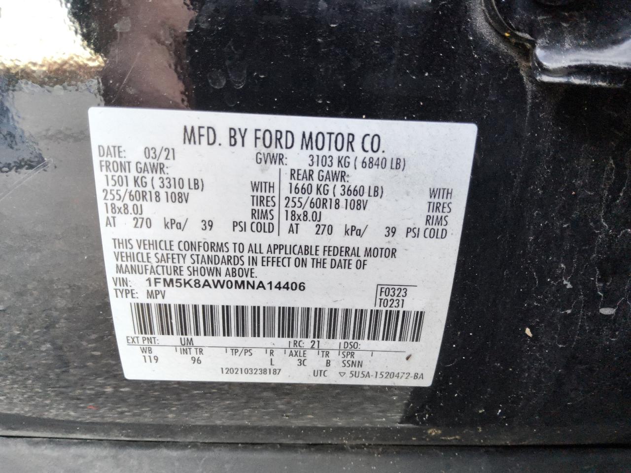 2021 Ford Explorer Police Interceptor VIN: 1FM5K8AW0MNA14406 Lot: 91602035