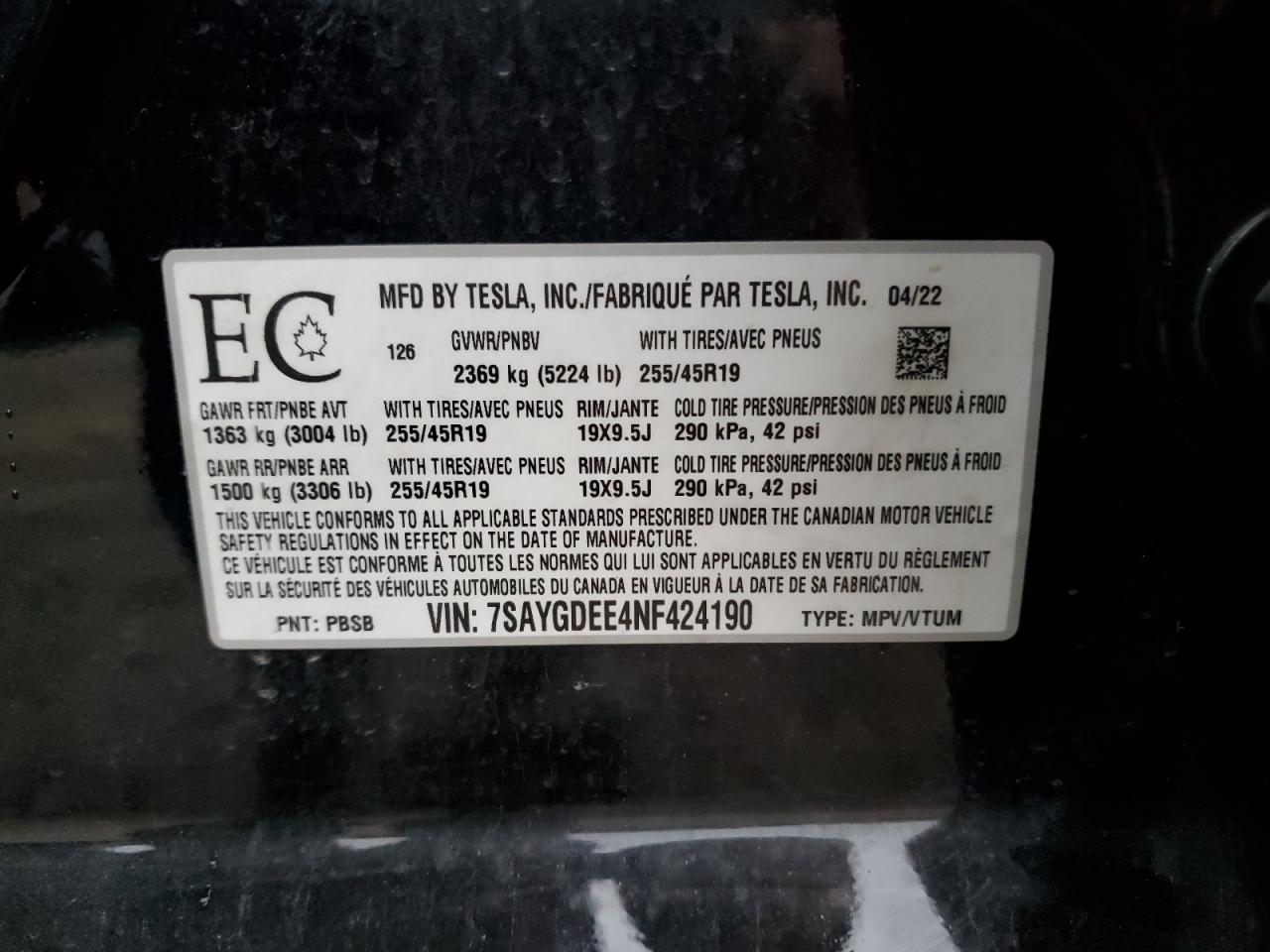 2022 Tesla Model Y VIN: 7SAYGDEE4NF424190 Lot: 86113365