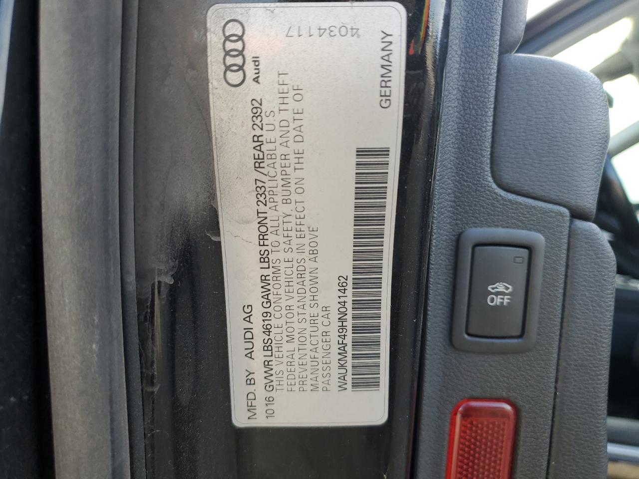 2017 Audi A4 Ultra Premium VIN: WAUKMAF49HN041462 Lot: 91193935