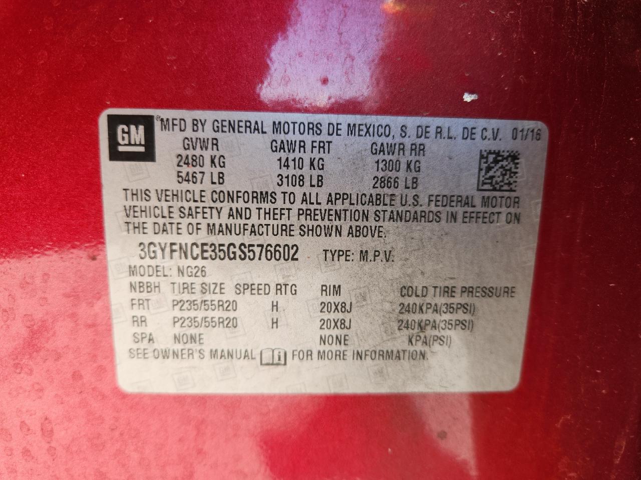 2016 Cadillac Srx Performance Collection VIN: 3GYFNCE35GS576602 Lot: 92165825