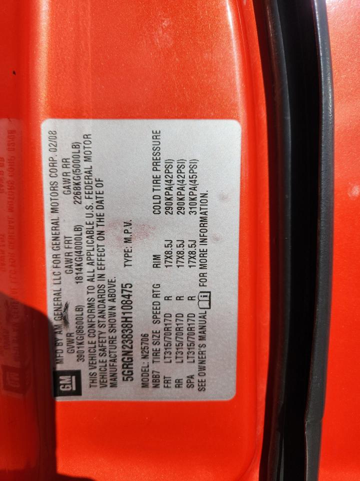 2008 Hummer H2 VIN: 5GRGN23838H108475 Lot: 92132355