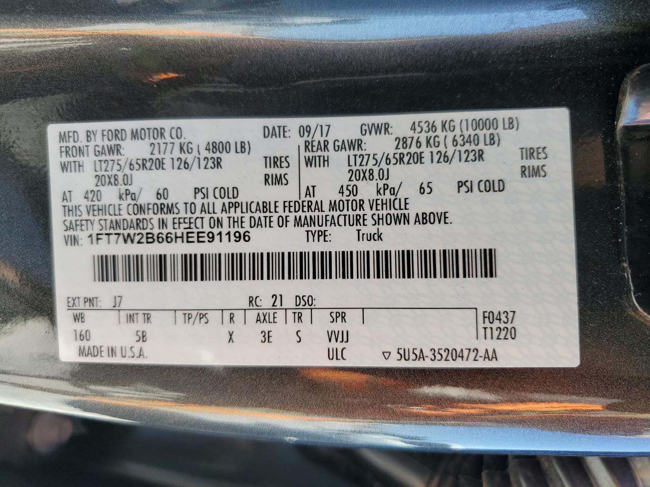 2017 Ford F250 Super Duty VIN: 1FT7W2B66HEE91196 Lot: 91628205