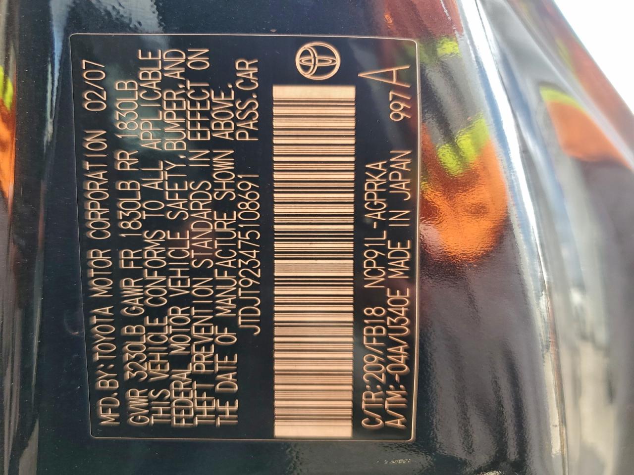 2007 Toyota Yaris VIN: JTDJT923475108691 Lot: 94304675