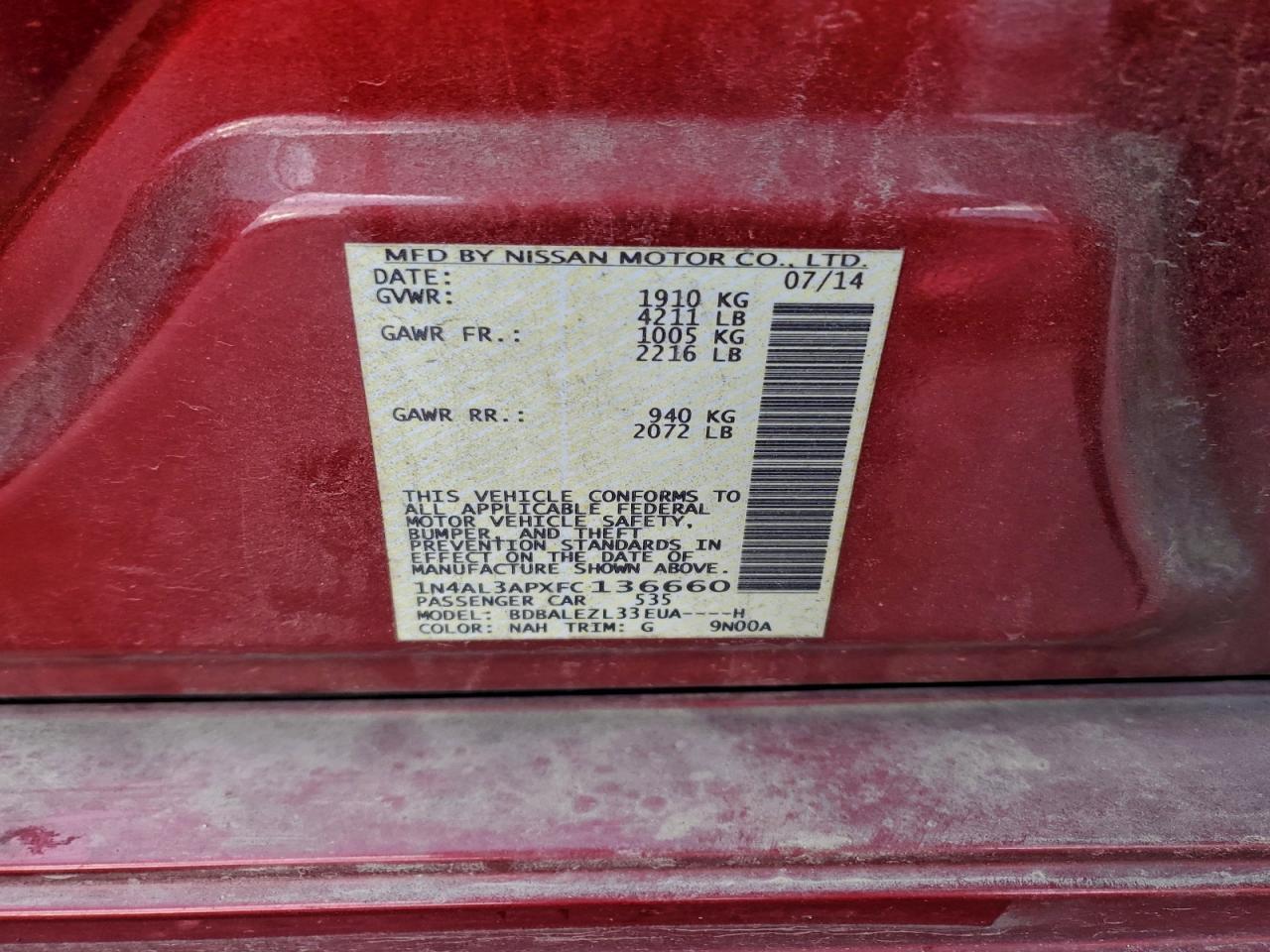 2015 Nissan Altima 2.5 VIN: 1N4AL3APXFC136660 Lot: 94573225