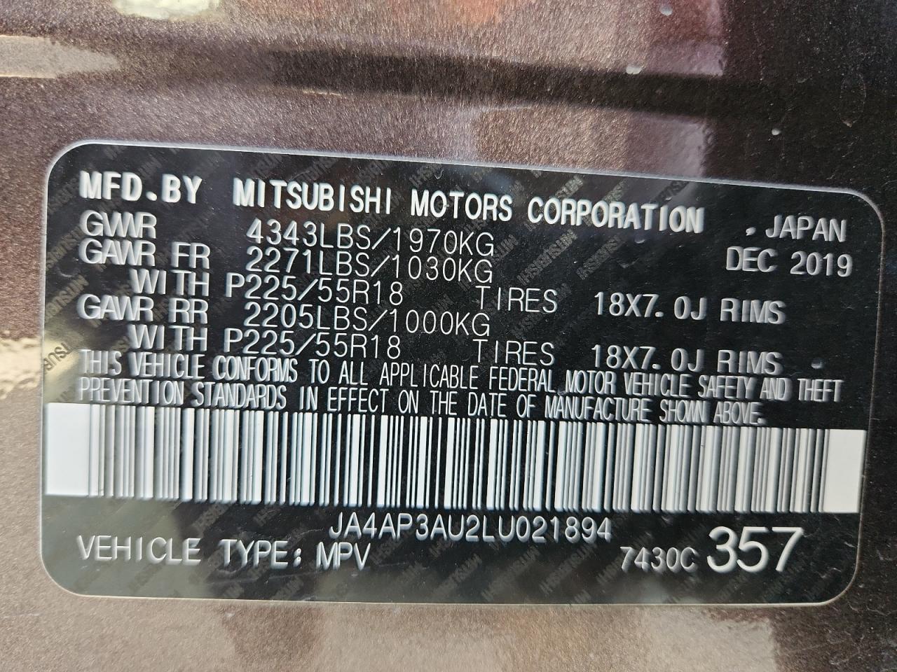 2020 Mitsubishi Outlander Sport Es VIN: JA4AP3AU2LU021894 Lot: 90366535