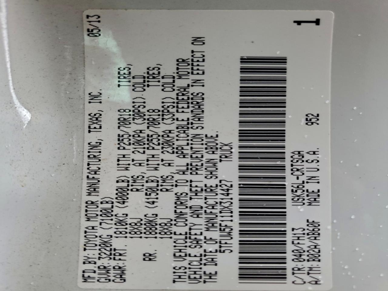 2013 Toyota Tundra Double Cab Sr5 VIN: 5TFUW5F11DX314427 Lot: 93372605