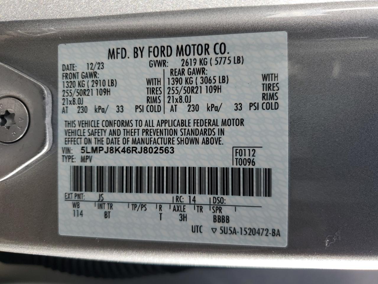 2024 Lincoln Nautilus Reserve VIN: 5LMPJ8K46RJ802563 Lot: 93032885