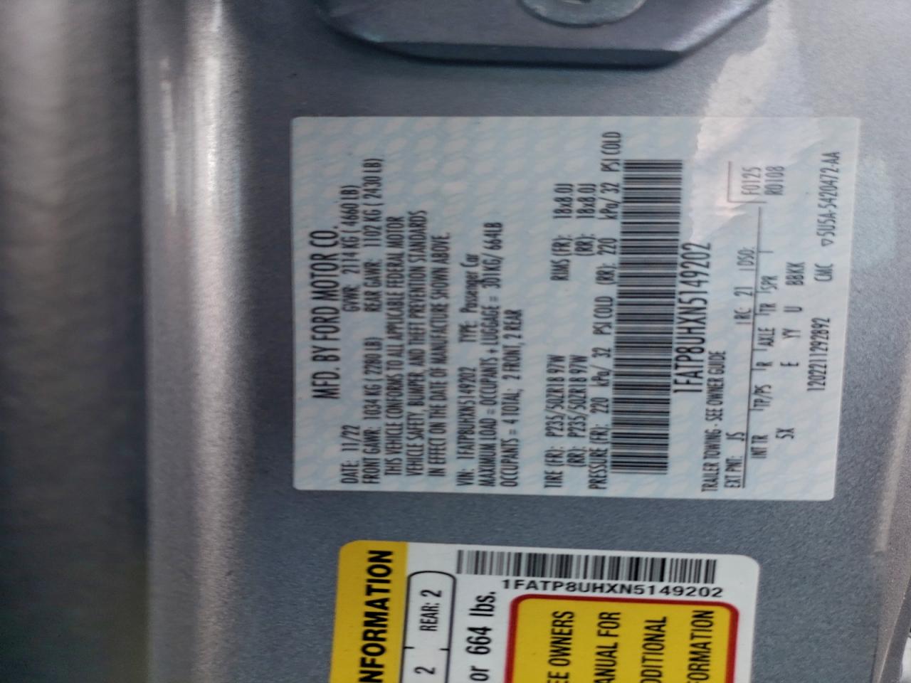 2022 Ford Mustang VIN: 1FATP8UHXN5149202 Lot: 93490365