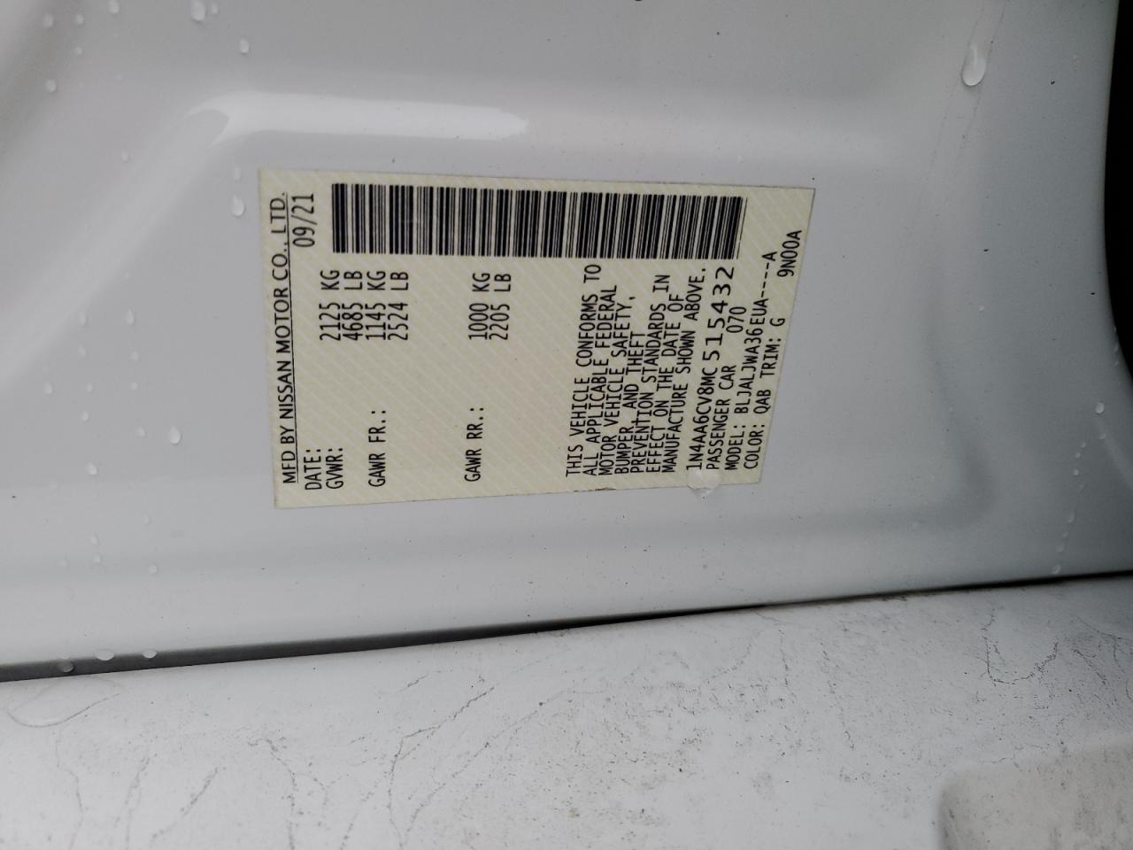 2021 Nissan Maxima Sv VIN: 1N4AA6CV8MC515432 Lot: 93836035