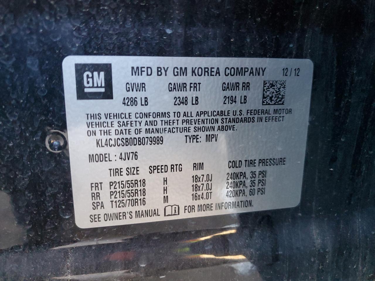 2013 Buick Encore VIN: KL4CJCSB0DB079989 Lot: 93355695