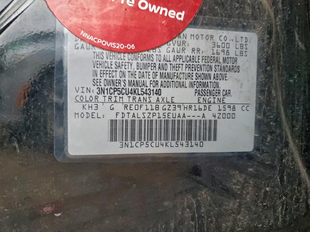 2019 Nissan Kicks S VIN: 3N1CP5CU4KL543140 Lot: 94454125