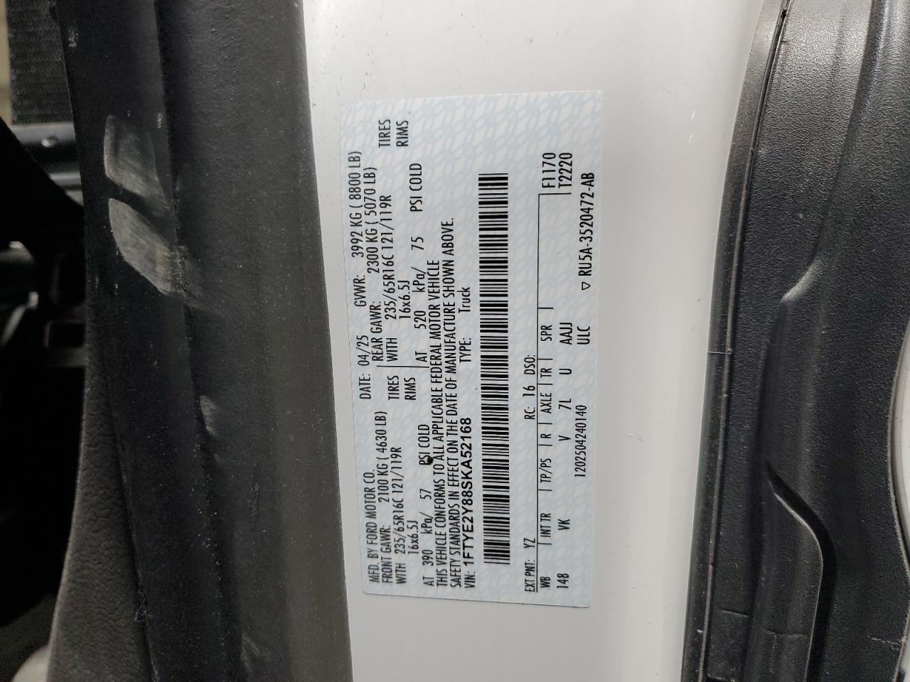 2025 Ford Transit T-150 VIN: 1FTYE2Y88SKA52168 Lot: 92586825