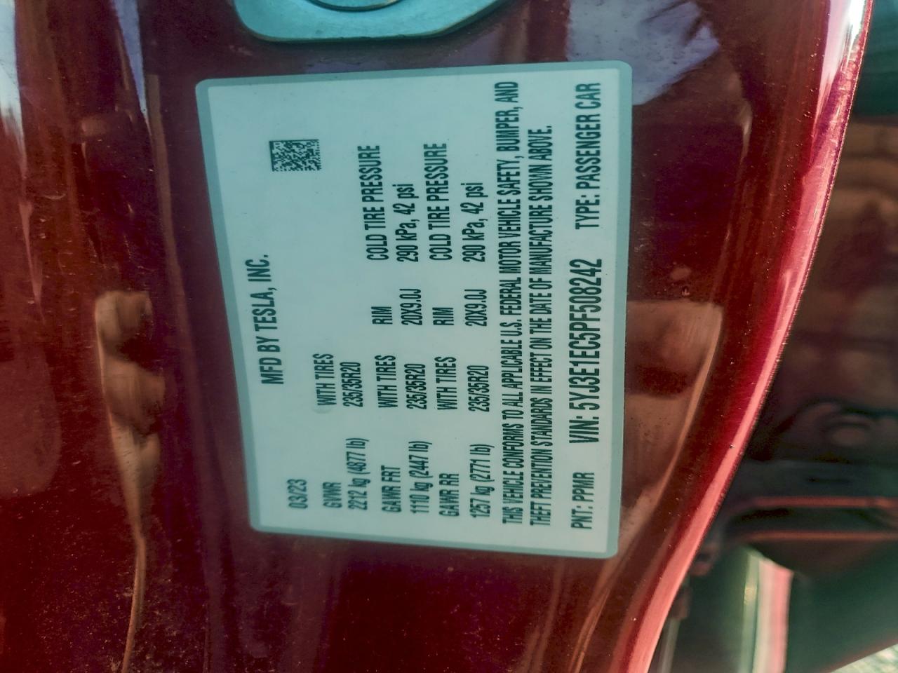 2023 Tesla Model 3 VIN: 5YJ3E1EC5PF508242 Lot: 93716325