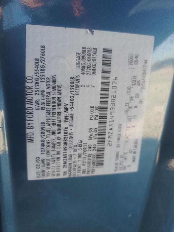 2003 Ford Windstar Lx VIN: 2FMZA51493BB21076 Lot: 91265665