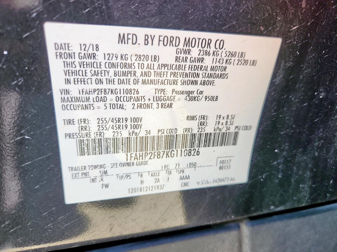 2019 Ford Taurus Limited VIN: 1FAHP2F87KG110826 Lot: 90689435