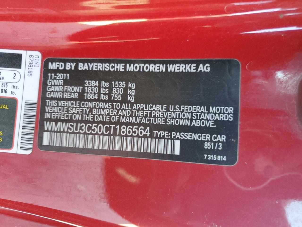 2012 Mini Cooper VIN: WMWSU3C50CT186564 Lot: 91473655