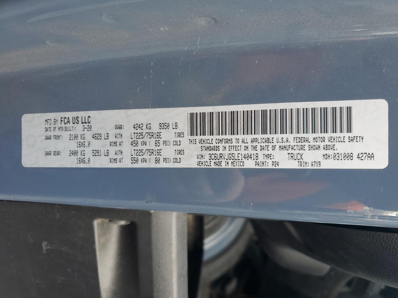 2020 Ram Promaster Delivery Van VIN: 3C6URVJG5LE140418 Lot: 90795255