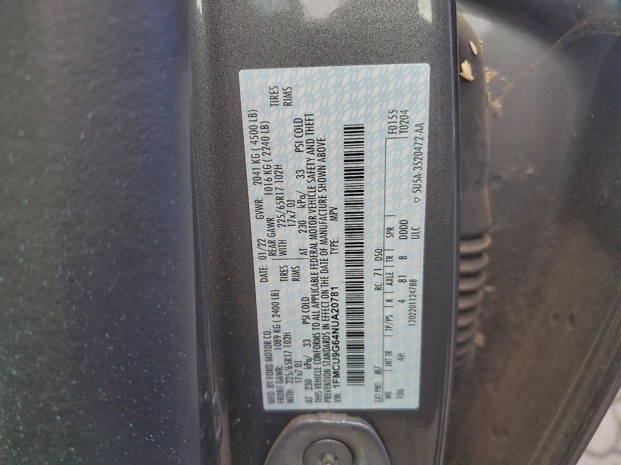 2022 Ford Escape Se VIN: 1FMCU9G64NUA20781 Lot: 94178175