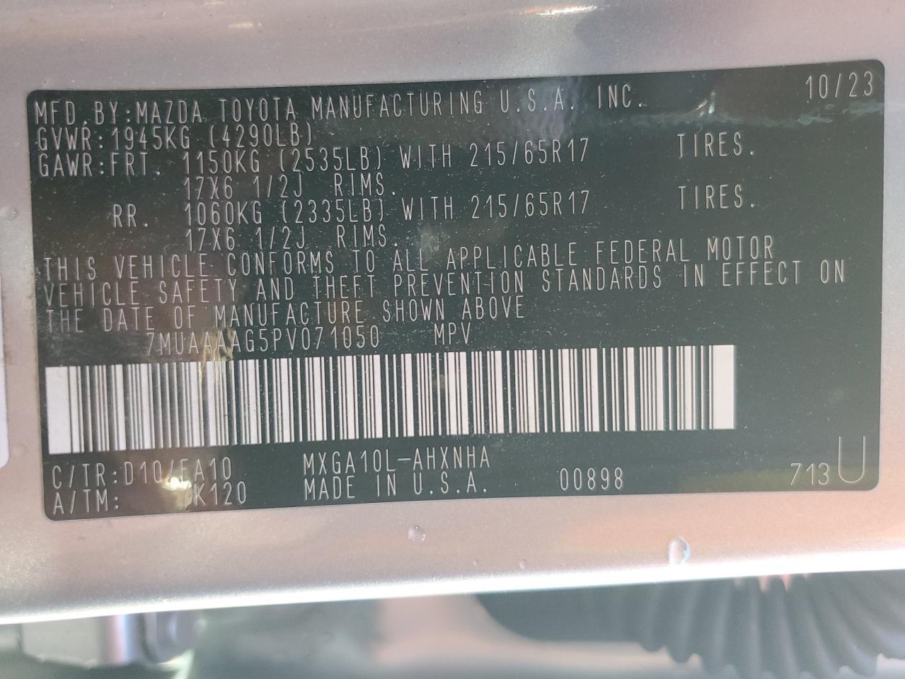 2023 Toyota Corolla Cross L VIN: 7MUAAAAG5PV071050 Lot: 93128985