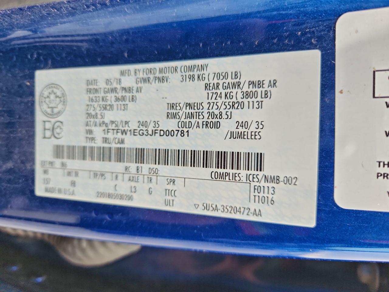 2018 Ford F150 Supercrew VIN: 1FTFW1EG3JFD00781 Lot: 93691415