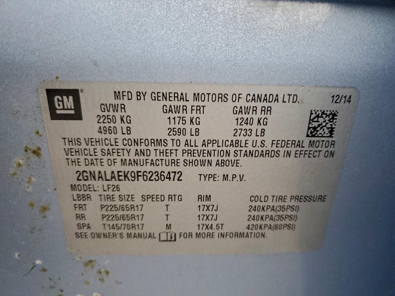 2015 Chevrolet Equinox Ls VIN: 2GNALAEK9F6236472 Lot: 93980635