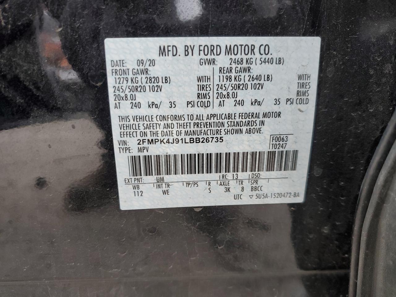 2020 Ford Edge Sel VIN: 2FMPK4J91LBB26735 Lot: 92326875