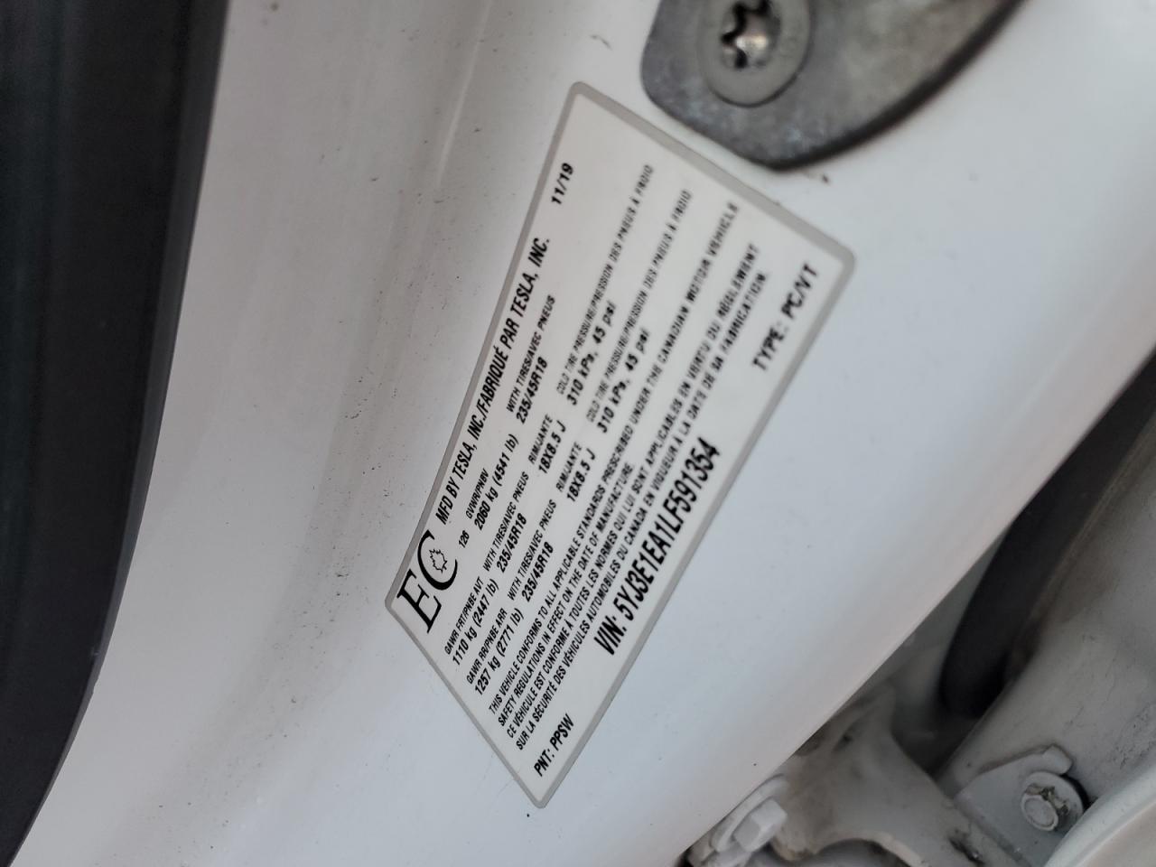 2020 Tesla Model 3 VIN: 5YJ3E1EA1LF591354 Lot: 92848835