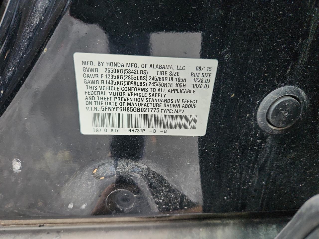2016 Honda Pilot Exl VIN: 5FNYF6H85GB021775 Lot: 90895705