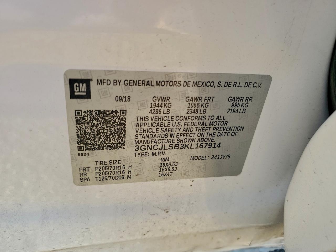 2019 Chevrolet Trax 1Lt VIN: 3GNCJLSB3KL167914 Lot: 94505305