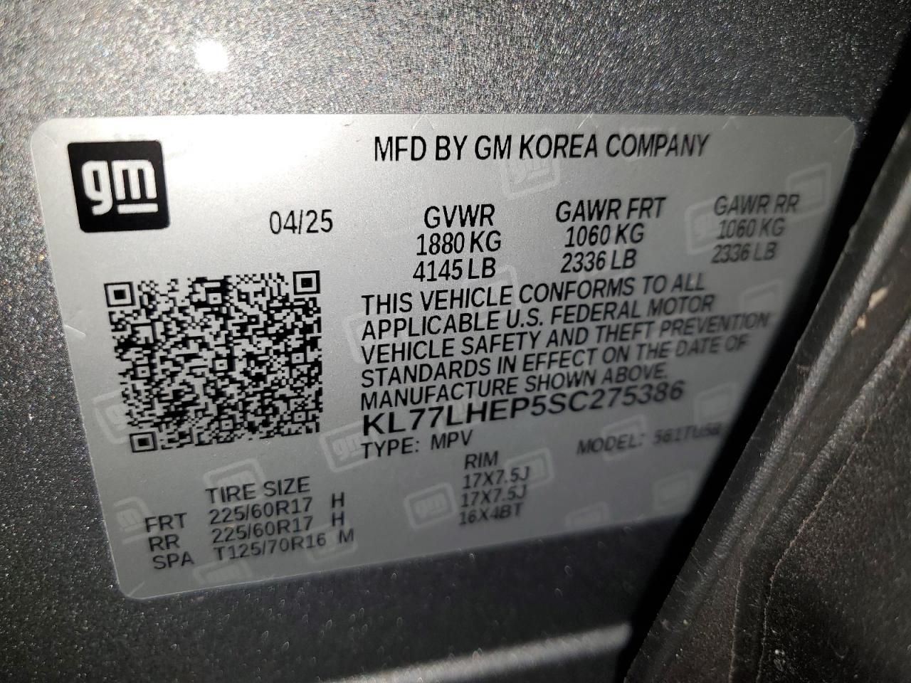 2025 Chevrolet Trax 1Lt VIN: KL77LHEP5SC275386 Lot: 91616135