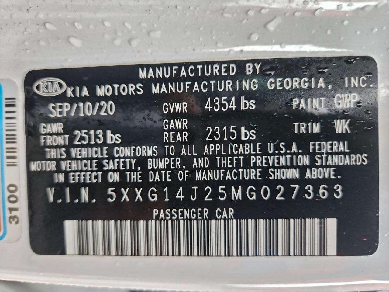 2021 Kia K5 Lxs VIN: 5XXG14J25MG027363 Lot: 94305655