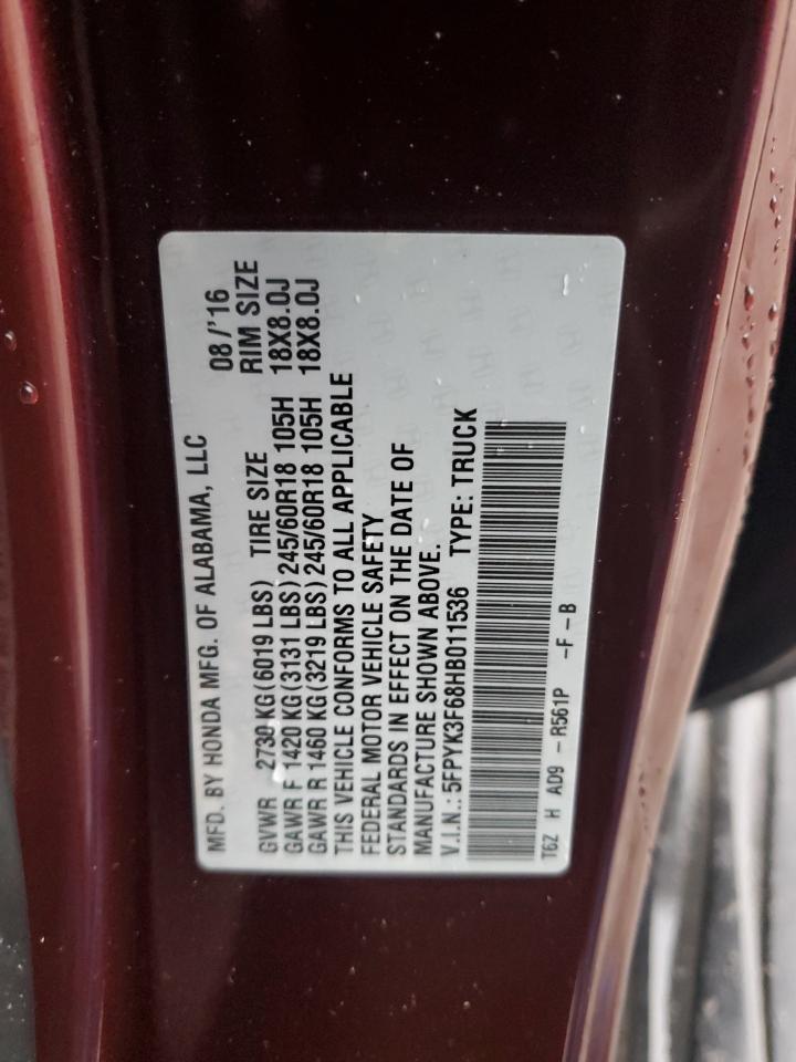 2017 Honda Ridgeline Rtl VIN: 5FPYK3F68HB011536 Lot: 93139805