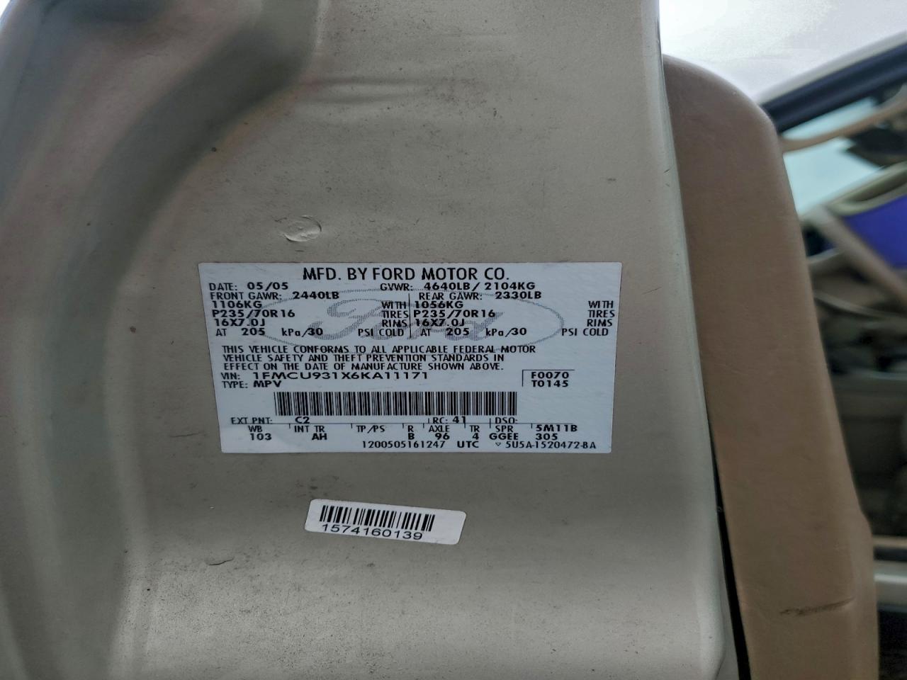 2006 Ford Escape Xlt VIN: 1FMCU931X6KA11171 Lot: 93853935