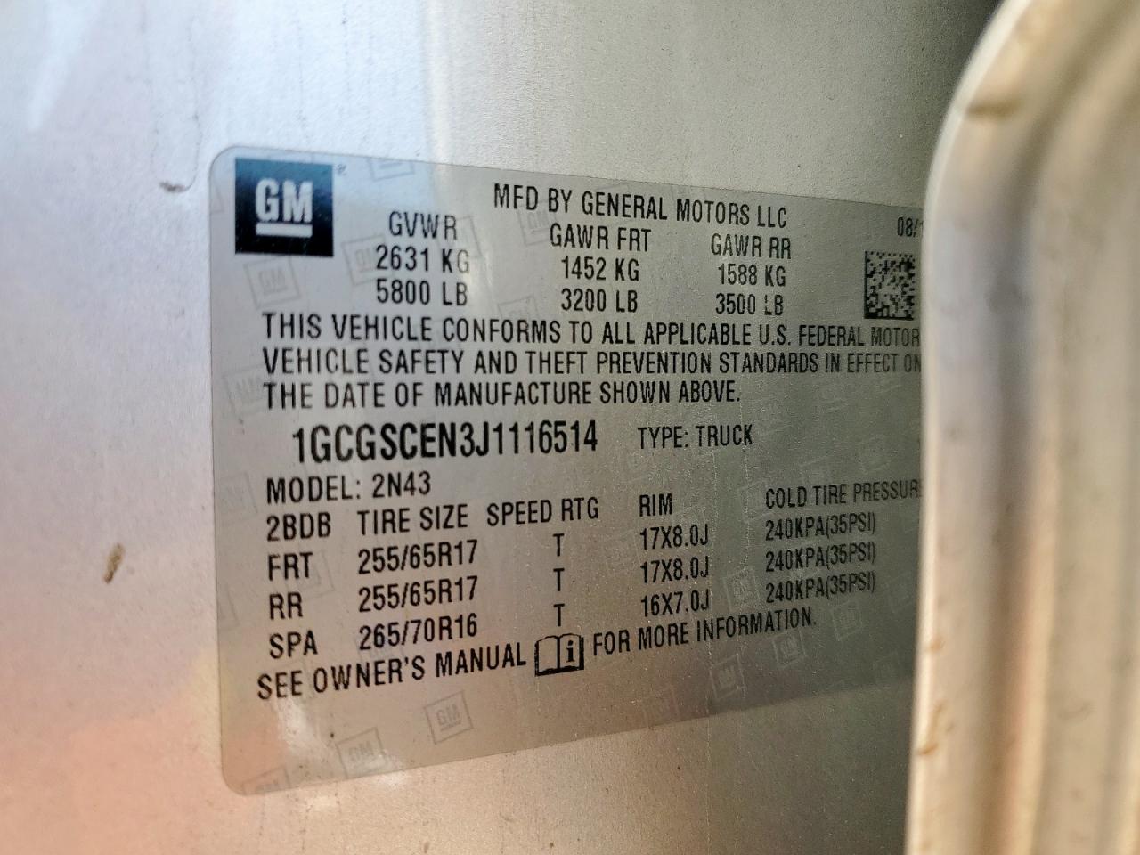 2018 Chevrolet Colorado Lt VIN: 1GCGSCEN3J1116514 Lot: 85425395