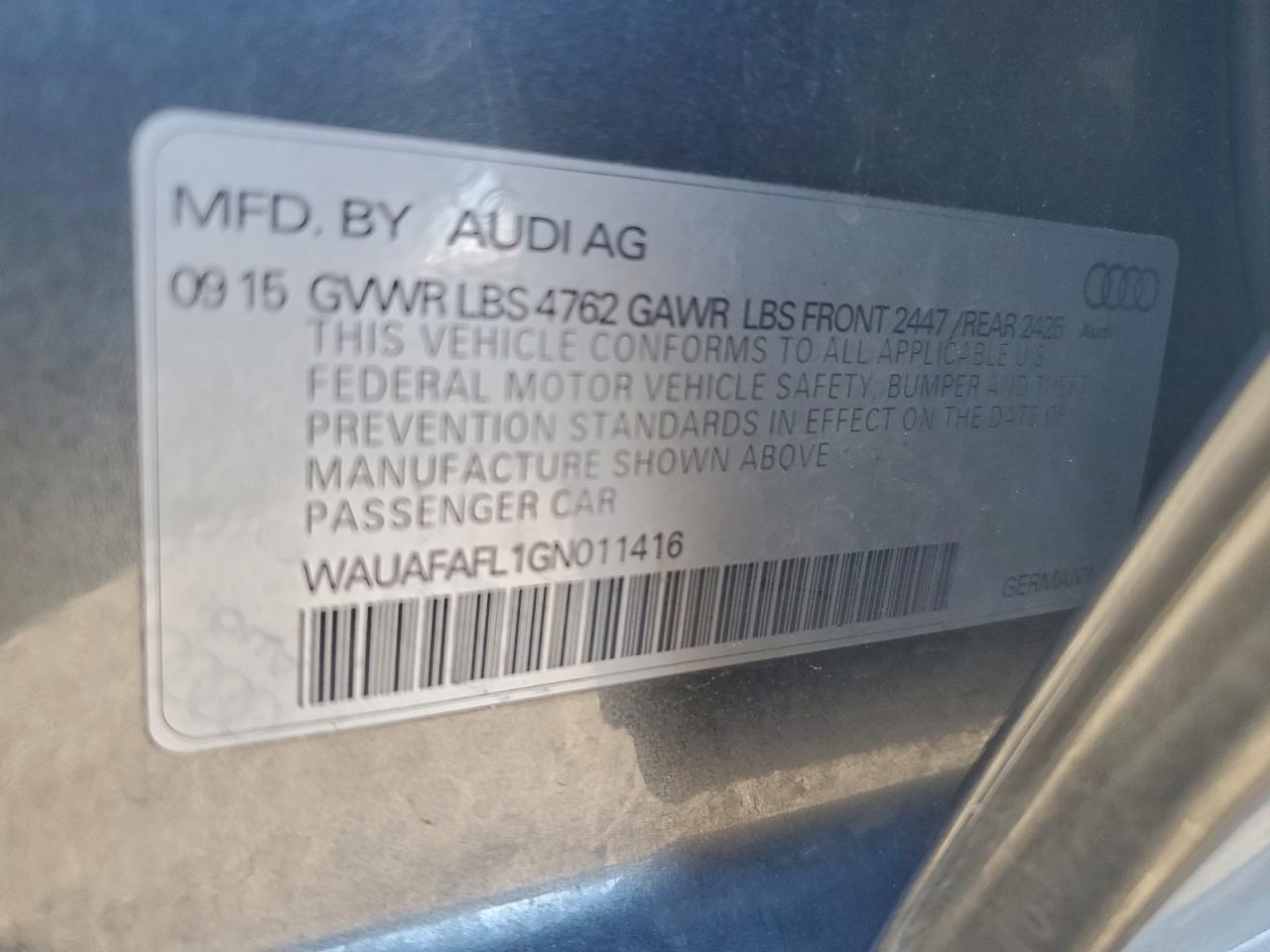 2016 Audi A4 Premium S-Line VIN: WAUAFAFL1GN011416 Lot: 94324155