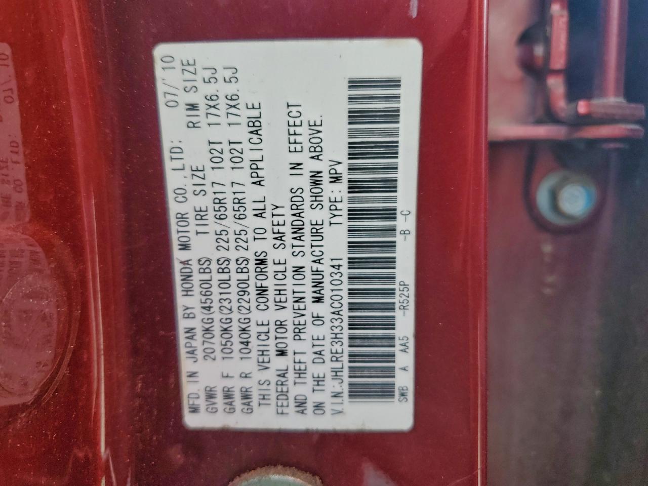 2010 Honda Cr-V Lx VIN: JHLRE3H33AC010341 Lot: 93480465