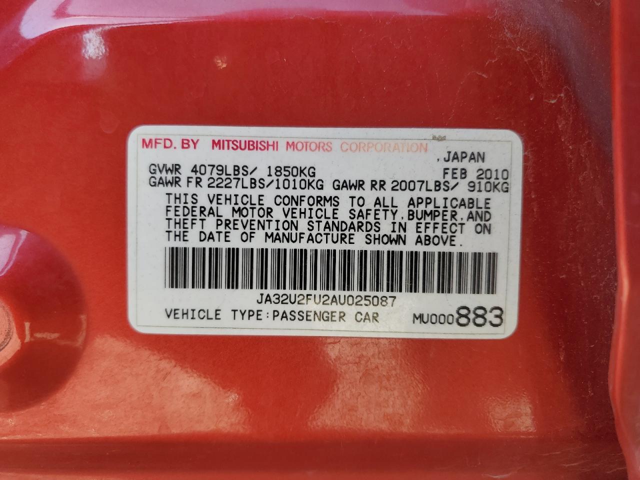 2010 Mitsubishi Lancer Es/Es Sport VIN: JA32U2FU2AU025087 Lot: 92873705