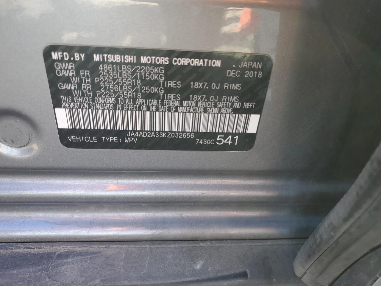 2019 Mitsubishi Outlander Es VIN: JA4AD2A33KZ032656 Lot: 91644245