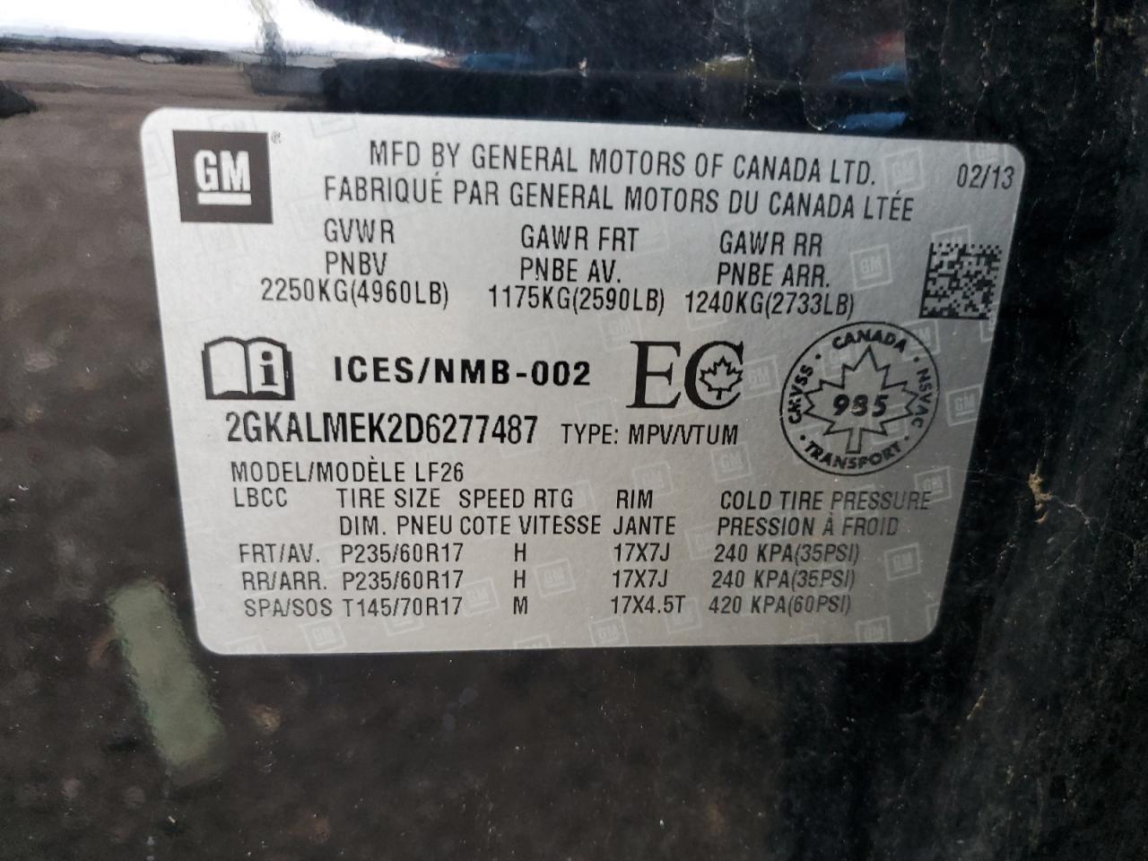 2013 GMC Terrain Sle VIN: 2GKALMEK2D6277487 Lot: 91738815