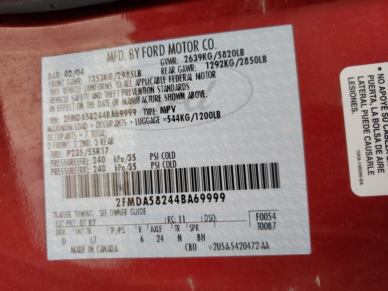 2004 Ford Freestar Limited VIN: 2FMDA58244BA69999 Lot: 81361043