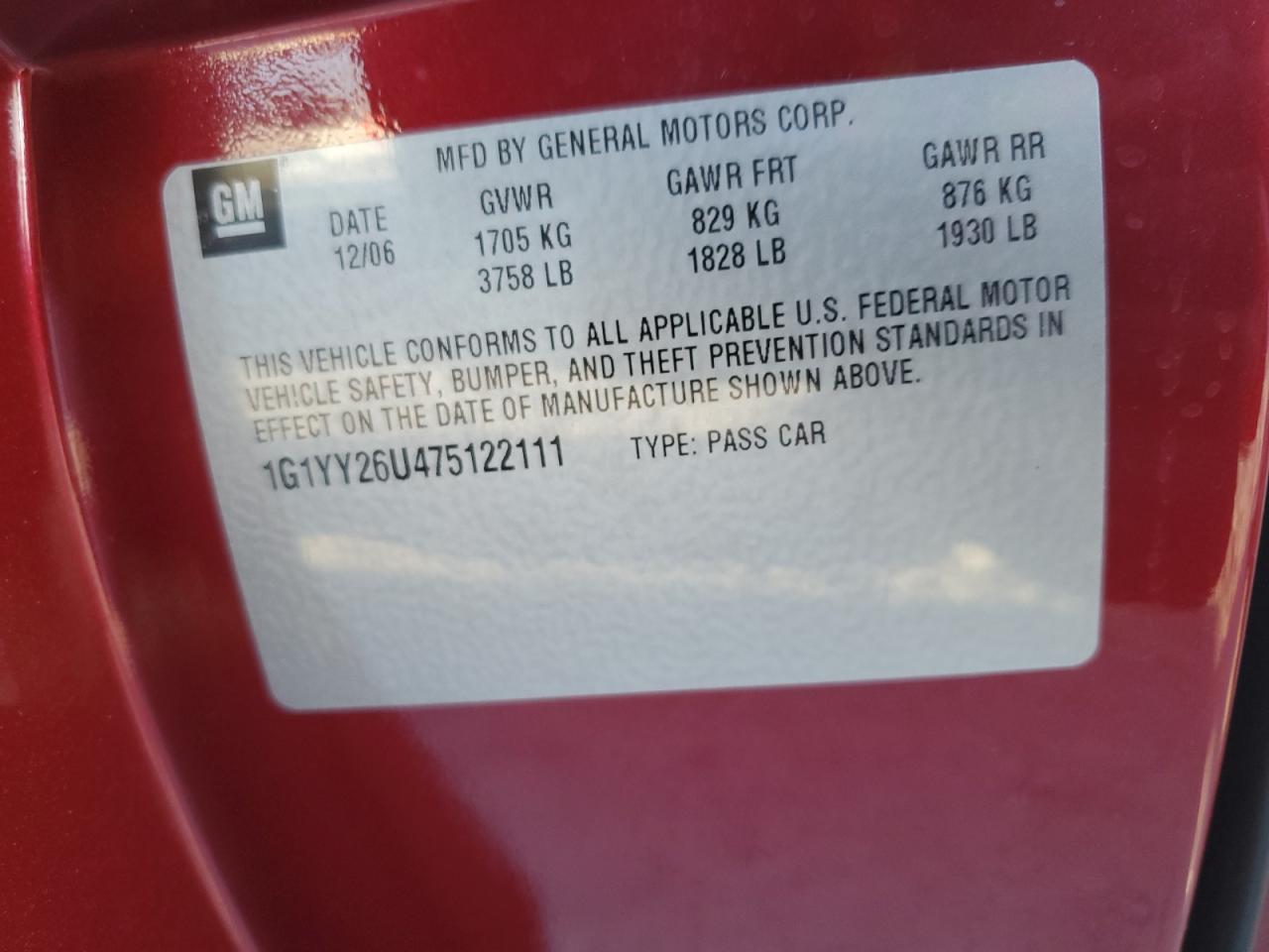 2007 Chevrolet Corvette VIN: 1G1YY26U475122111 Lot: 79366953