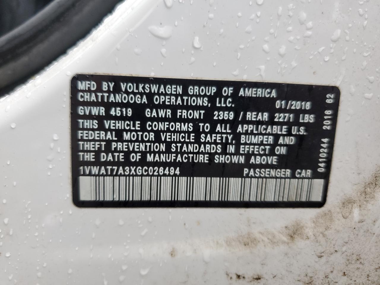 2016 Volkswagen Passat S VIN: 1VWAT7A3XGC026494 Lot: 75094083