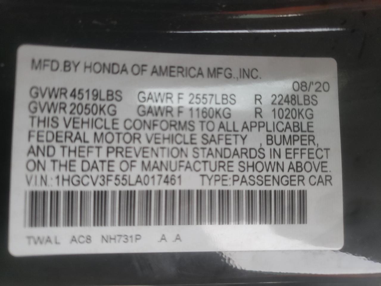 1HGCV3F55LA017461 2020 HONDA ACCORD - Image 12