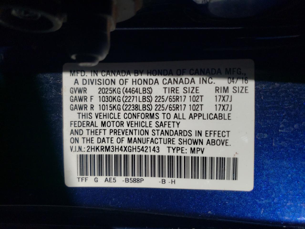 2HKRM3H4XGH542143 2016 Honda Cr-V Se