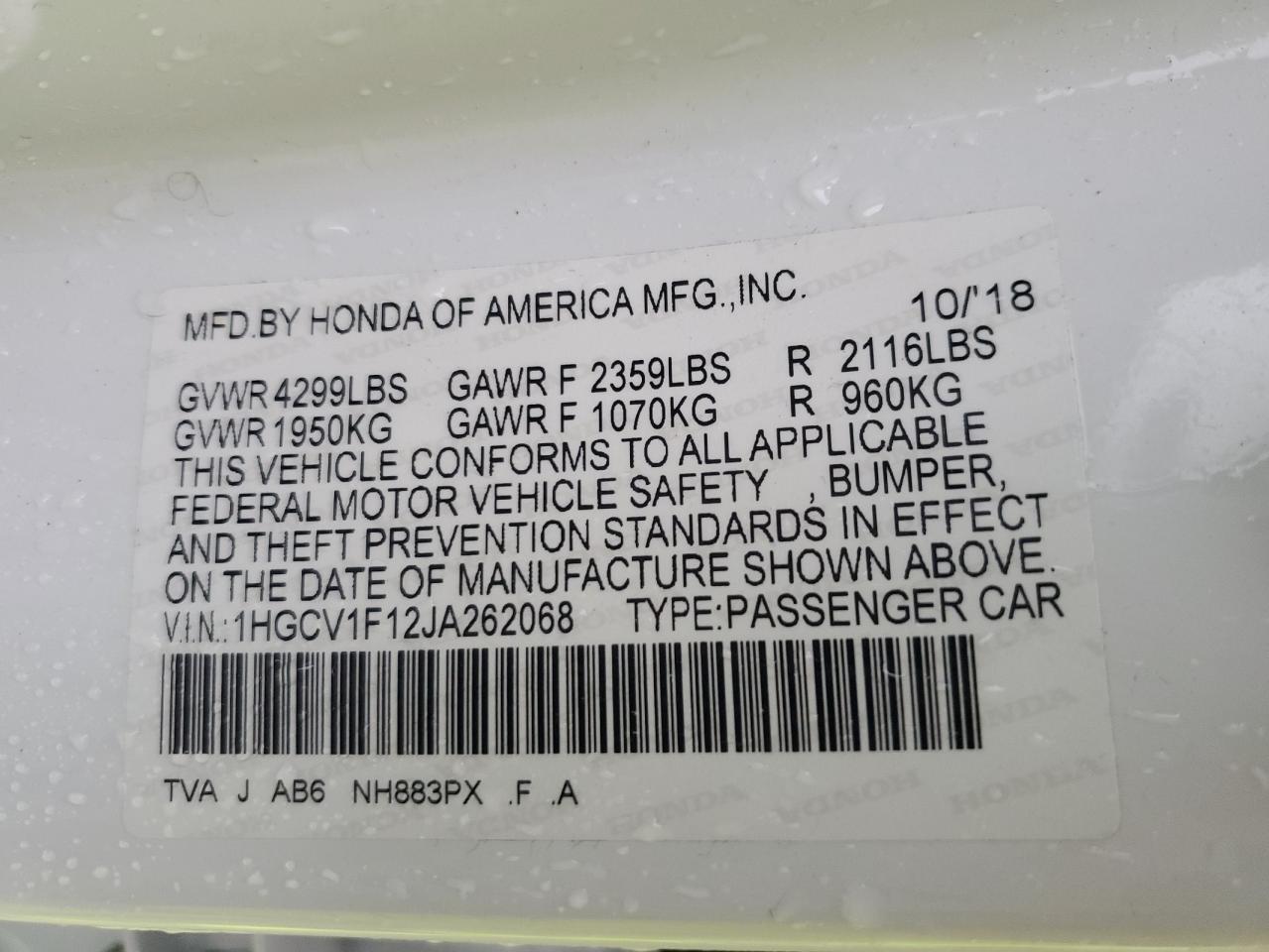 1HGCV1F12JA262068 2018 Honda Accord Lx