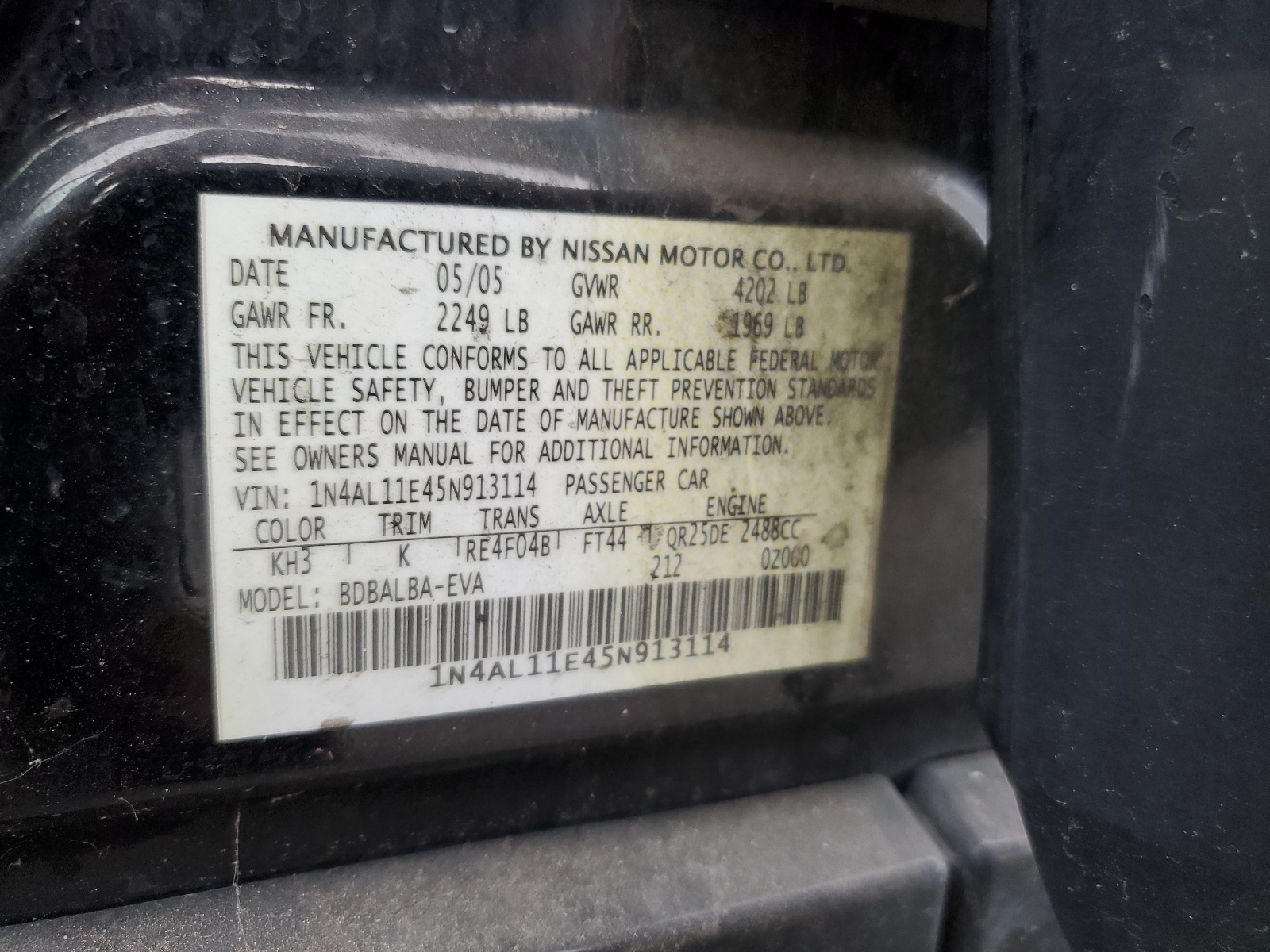 1N4AL11E45N913114 2005 Nissan Altima S