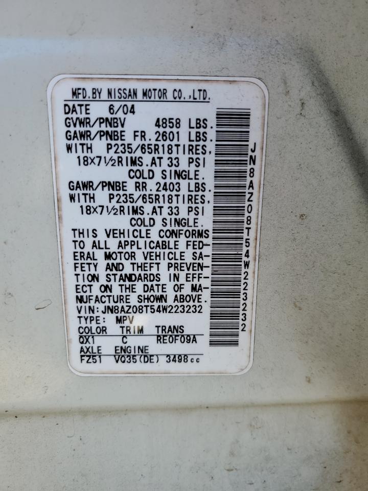2004 Nissan Murano Sl VIN: JN8AZ08T54W223232 Lot: 78919693