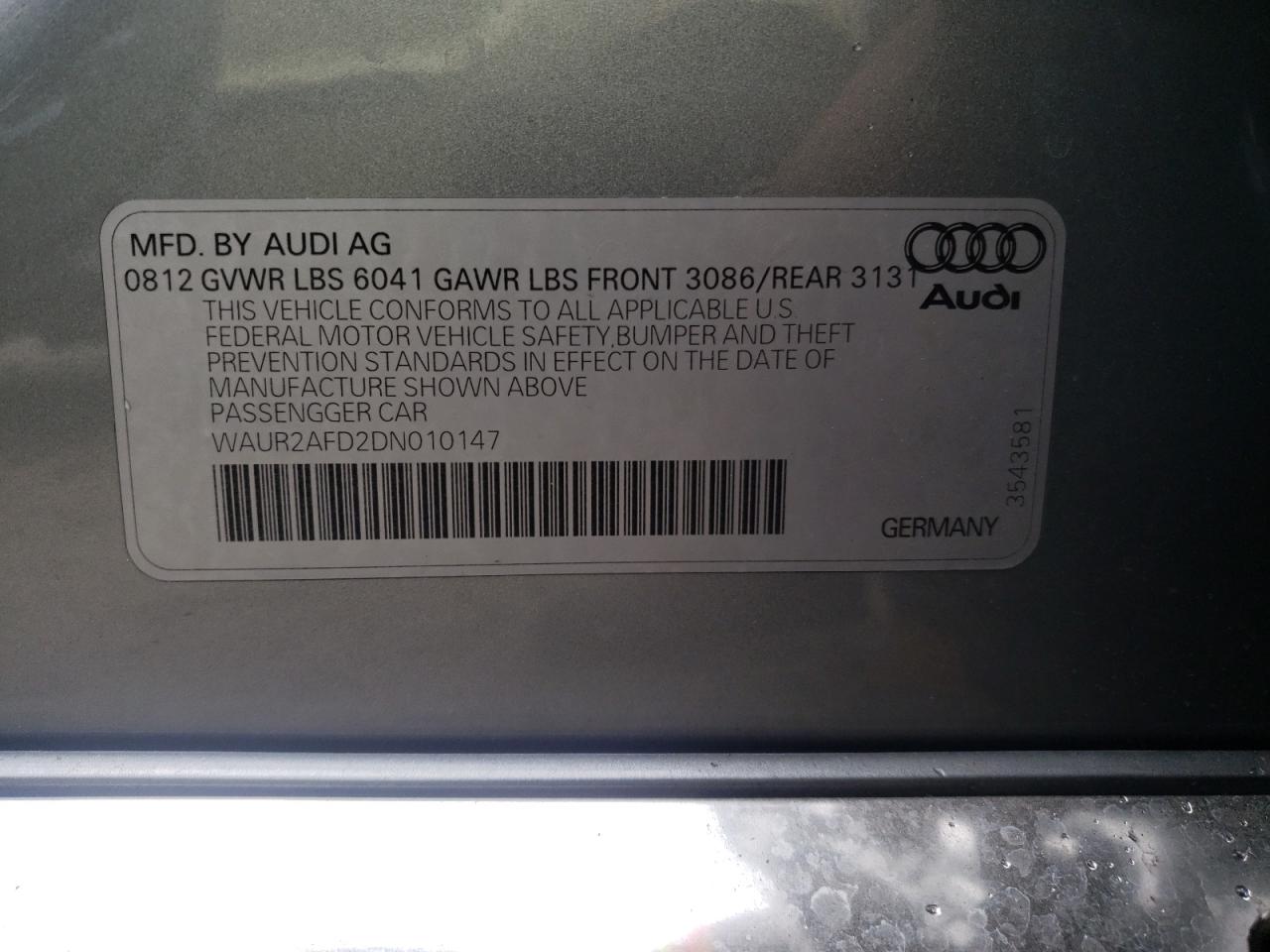 2013 Audi A8 L Quattro VIN: WAUR2AFD2DN010147 Lot: 78175373