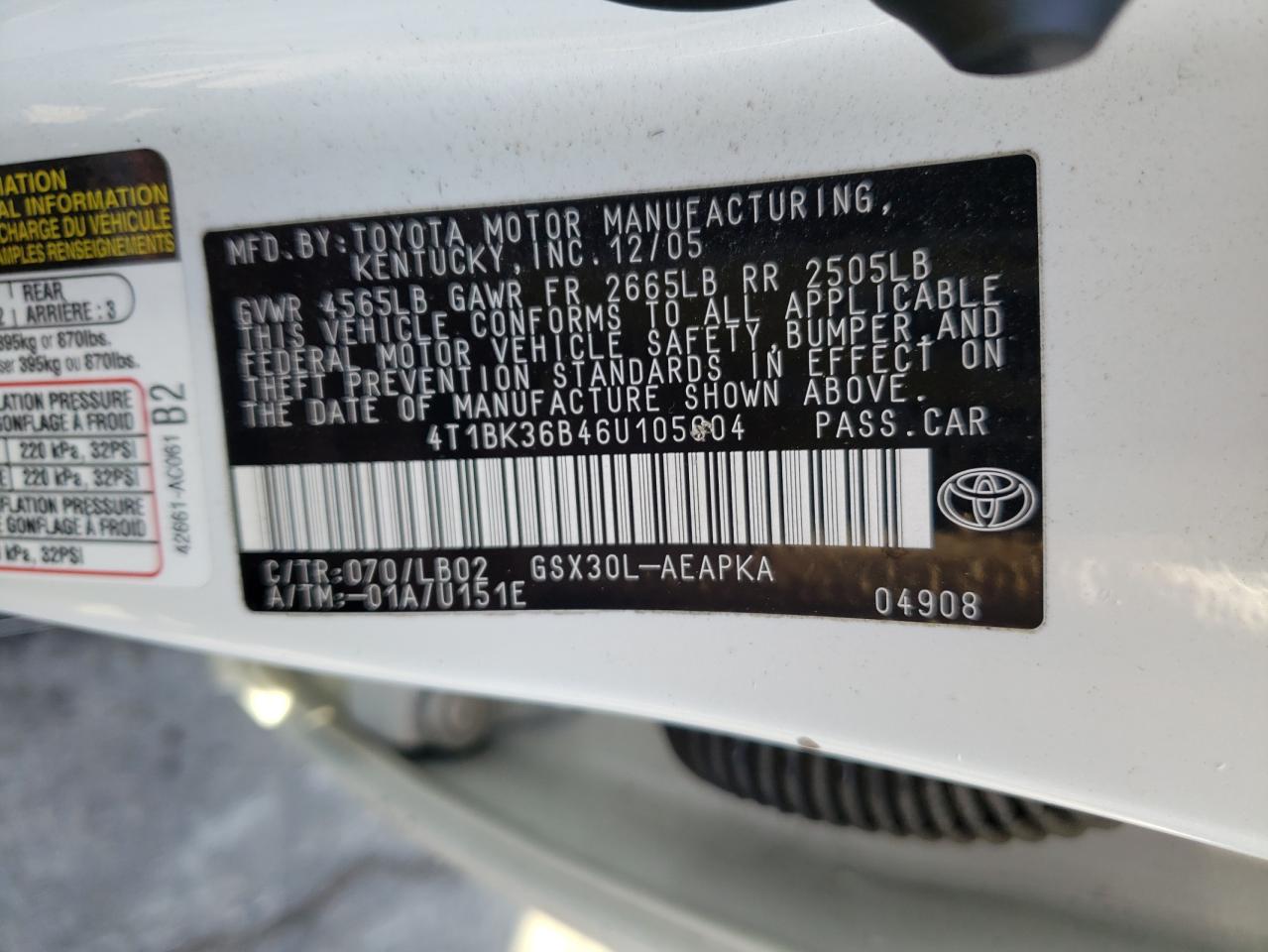 2006 Toyota Avalon Xl VIN: 4T1BK36B46U105604 Lot: 79574163